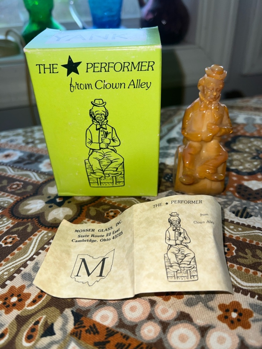 Vintage Mosser Glass Yank “Performer from Clown Alley” Figurine, Box and Paper